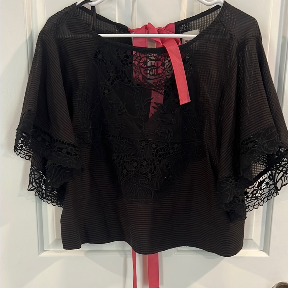 Anthropologie black maeve Lace Women's Top with Pink ribbon Accent